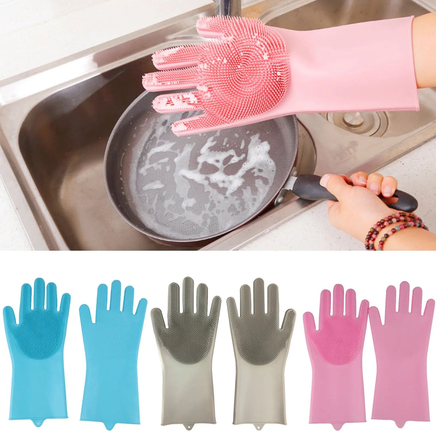 Pair Of Multi-purpose Silicone Full Finger Washing Gloves